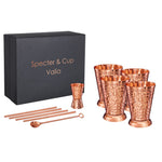 Kupferbecher-Set Valia – 4x Cocktailbecher (gehämmert, römisch-geprägter Stil, 300 ml) + 6-teiliges Zubehör-Set