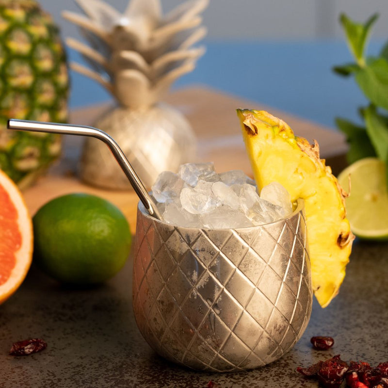 Ananas Becher für Cocktails mit Deckel und Strohhalm (300 ml, Farbe Silber)