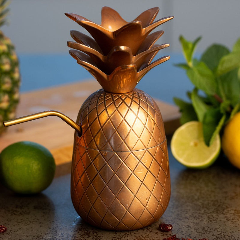 Ananas Becher für Cocktails mit Deckel und Strohhalm (300 ml, Farbe Bronze)