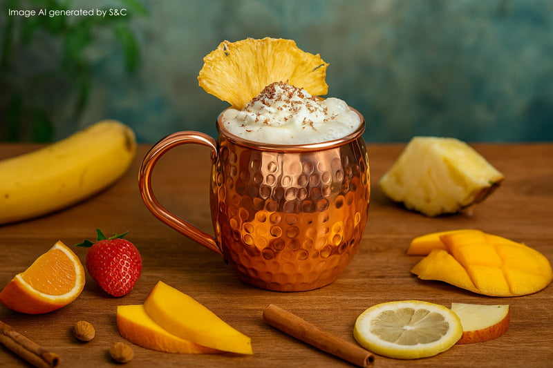 Cremiger alkoholfreier Cocktail mit frischer Sahne, serviert mit Eiswürfeln und Fruchtgarnitur in einem edlen Kupferbecher – ideal für Sommerpartys und genussvolle Momente.
