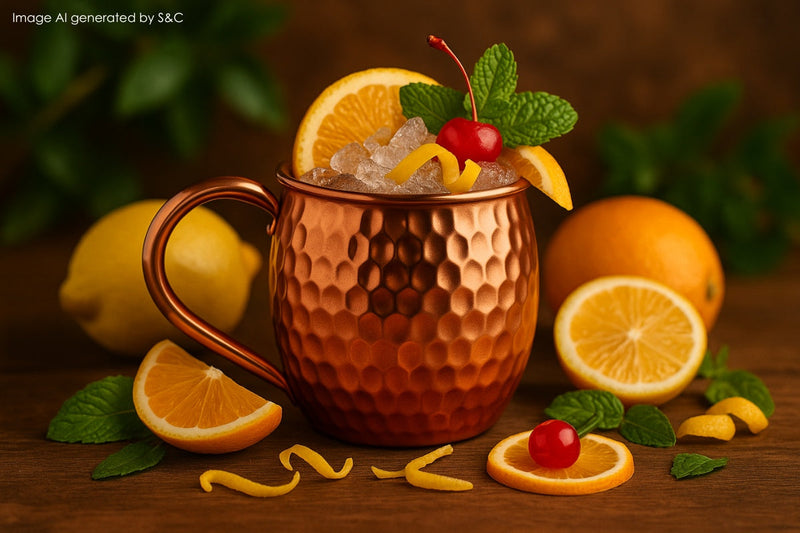 Frischer amerikanischer Cocktail mit Eiswürfeln, Zitrusfrüchten und Minze serviert in einem edlen Kupferbecher – perfekt für gesellige Sommerabende.“