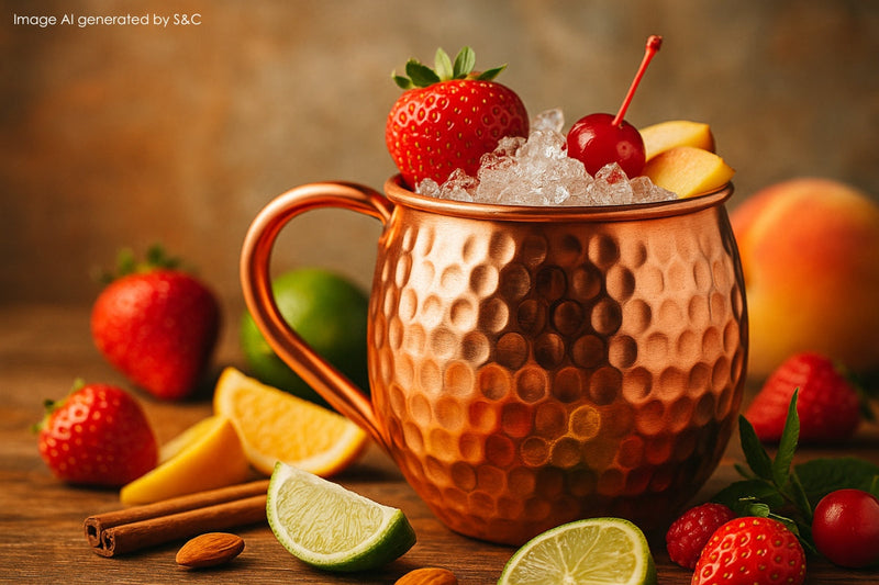 Fruchtiger Sommer-Aperitif mit frischen Beeren und Minze, stilvoll serviert in einem glänzenden Kupferbecher auf einem gedeckten Gartentisch bei Sonnenuntergang.