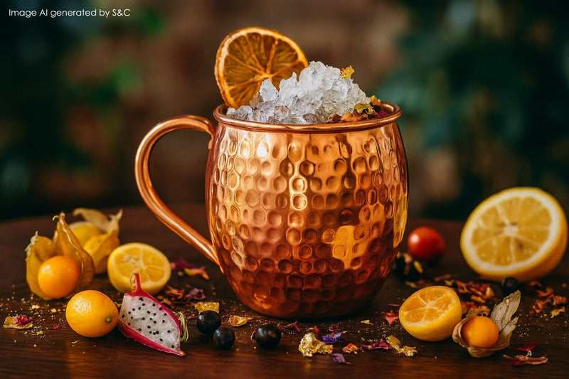Fruchtig-exotischer Cocktail mit leuchtender Garnitur, serviert stilvoll in einem glänzenden Kupferbecher – ideal für besondere Genussmomente mit Freunden.