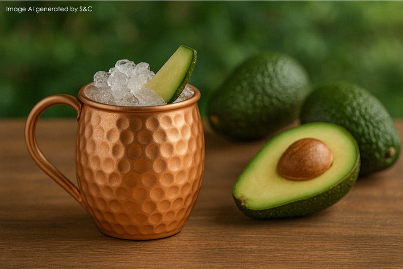 Ein cremiger Avocado-Cocktail, kunstvoll serviert in einem edlen Kupferbecher, garniert mit frischer Limette und Minze – ein einzigartiger Genuss für Cocktail-Liebhaber.