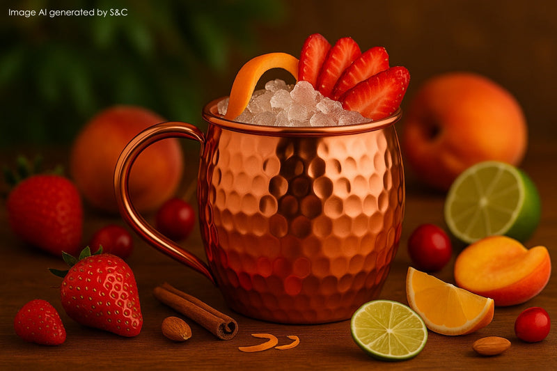 Fruchtiger Cocktail im stilvollen Kupferbecher, garniert mit Limette und Minze – perfekt für jede Geburtstagsfeier.