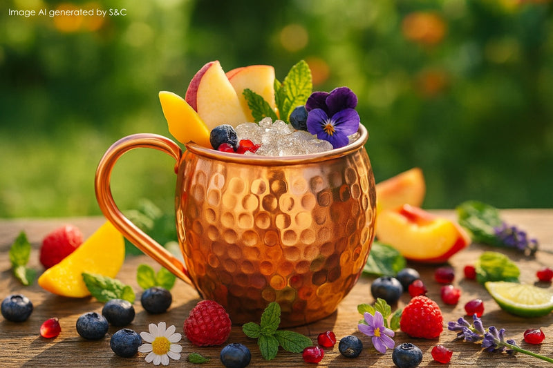 Fruchtiger alkoholfreier Cocktail mit frischen Beeren, Eiswürfeln und Minze serviert in einem glänzenden Kupferbecher – ideal für Schwangere.