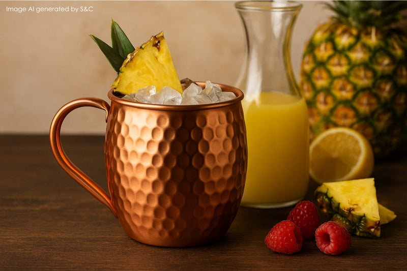 Ein erfrischender Cocktail mit Ananassaft, serviert in einem stilvollen Kupferbecher, garniert mit einer frischen Ananasscheibe und Minzblättern – der perfekte Sommerdrink.