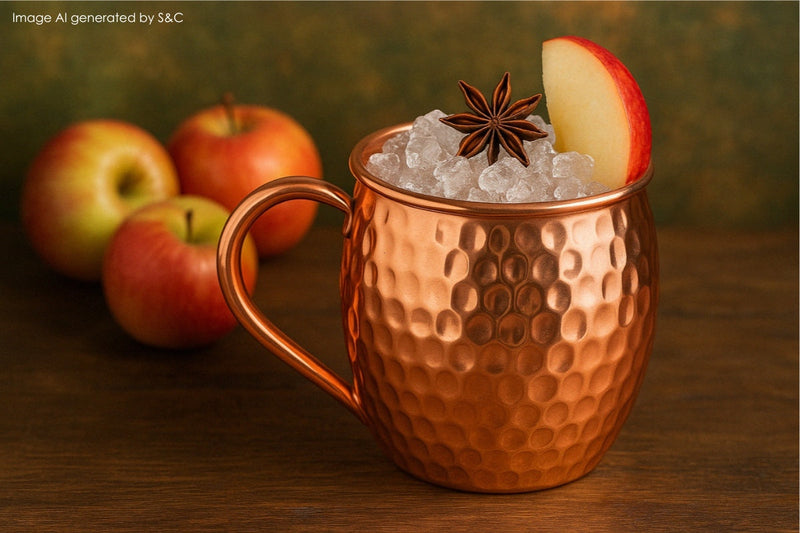 Ein erfrischender Cocktail mit Apfelsaft, serviert in einem stilvollen Kupferbecher, dekoriert mit frischen Früchten und Eiswürfeln – perfekt für gesellige Abende und besondere Genussmomente.