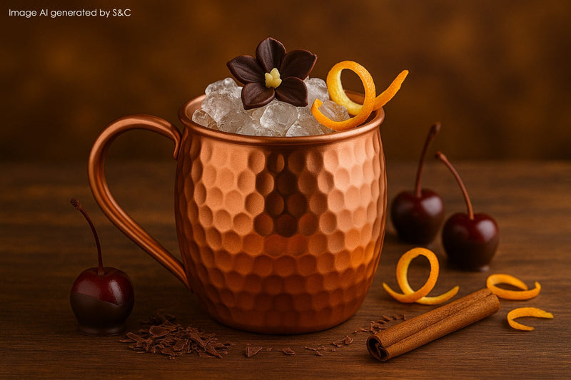 Cremiger Baileys-Cocktail mit Eiswürfeln und Orangenzesten, serviert in einem stilvollen Kupferbecher mit Barlöffel und Strohhalm – perfekt für gemütliche Genussmomente