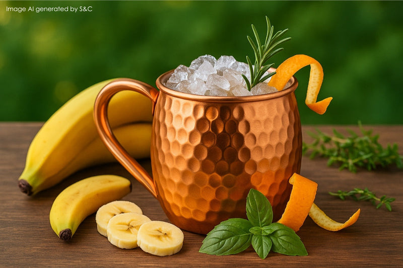 Fruchtiger Bananen-Cocktail mit Eiswürfeln, serviert in einem stilvollen Kupferbecher – ideal für sommerliche Genussmomente