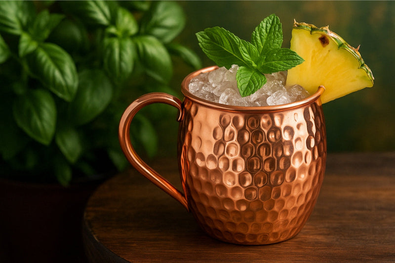 Ein erfrischender Basilikum-Cocktail mit Eiswürfeln, serviert in einem edlen Kupferbecher – perfekt für sommerliche Genussmomente.