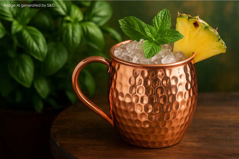 Ein erfrischender Basilikum-Cocktail mit Eiswürfeln, serviert in einem edlen Kupferbecher – perfekt für sommerliche Genussmomente.
