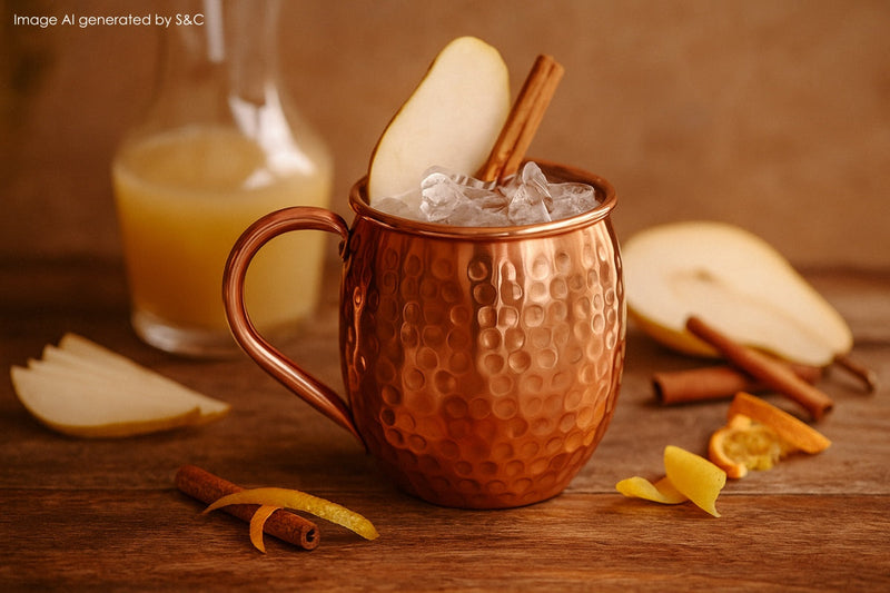 Ein mit Eis gefüllter Kupferbecher steht auf einem Holztisch, garniert mit Birnenscheibe, Zimtstange und Zitruszesten. Umgeben von frisch gepresstem Birnensaft in einer Karaffe und dekorativen Elementen in herbstlicher Atmosphäre.