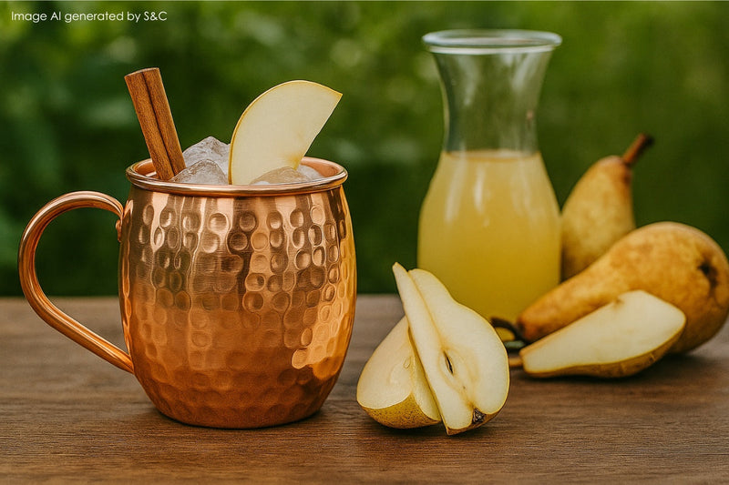 Fruchtiger Cocktail mit Birnensaft in handgefertigtem Kupferbecher – serviert auf Eis, dekoriert mit Rosmarin und Birnenscheibe.