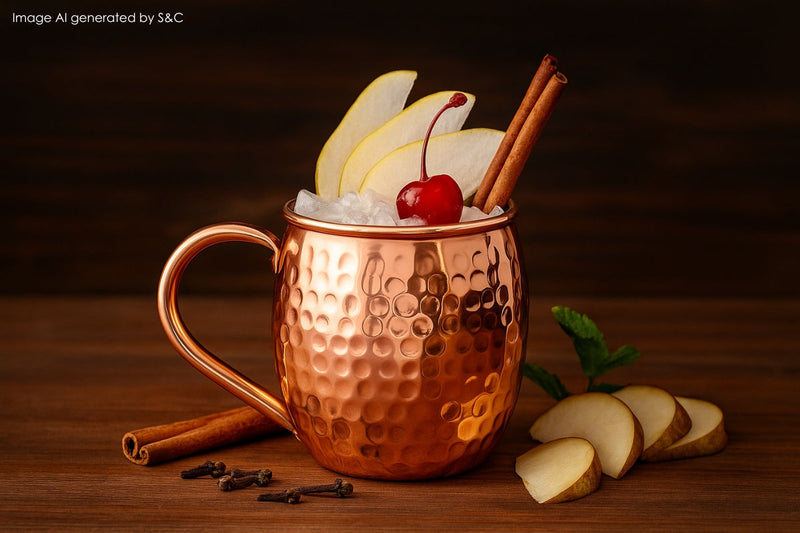 Erfrischender Brandy-Cocktail mit Zitrusfrüchten und Eiswürfeln, stilvoll serviert im glänzenden Kupferbecher mit dekorativer Garnitur.