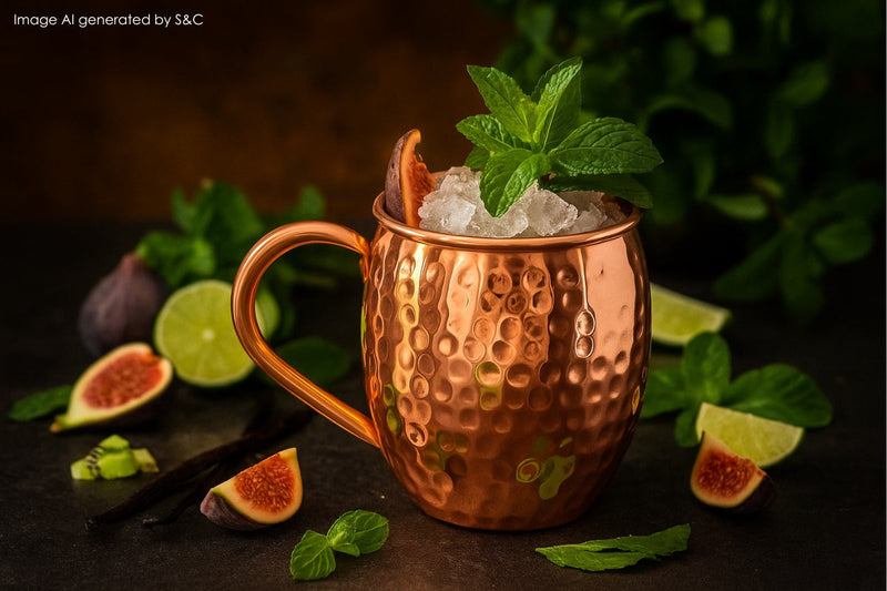 Eleganter Cognac-Cocktail mit Feigen, serviert in einem glänzenden Kupferbecher auf einer Holzoberfläche – stilvoll angerichtet mit Barlöffel und Shaker im Hintergrund.