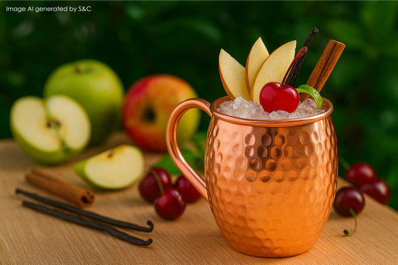 Cremiger Eierlikör-Cocktail, serviert in einem glänzenden Kupferbecher auf einem rustikalen Holztisch – perfekt für gemütliche Abende mit Freunden.