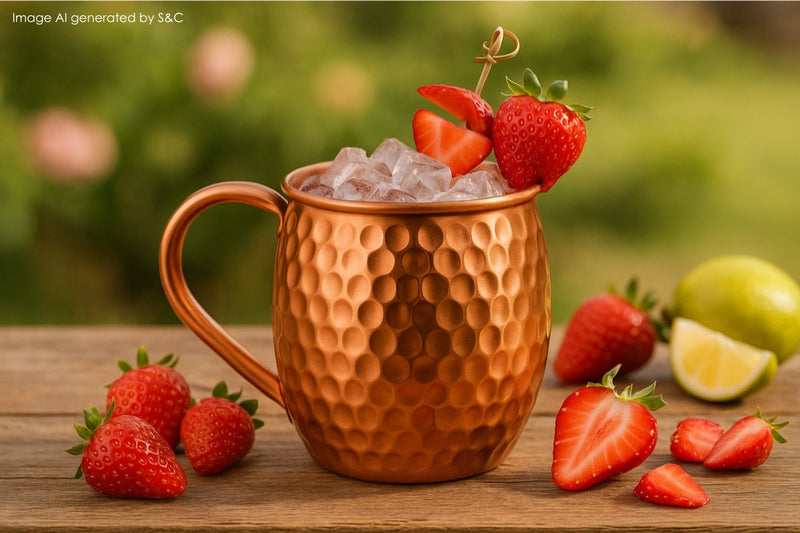 Fruchtiger Beeren-Cocktail in einem stilvollen Kupferbecher, dekoriert mit frischen Beeren, Minze und Limettenscheiben. Im Hintergrund Cocktail-Accessoires wie ein Shaker und frische Zutaten für den perfekten Sommerdrink.