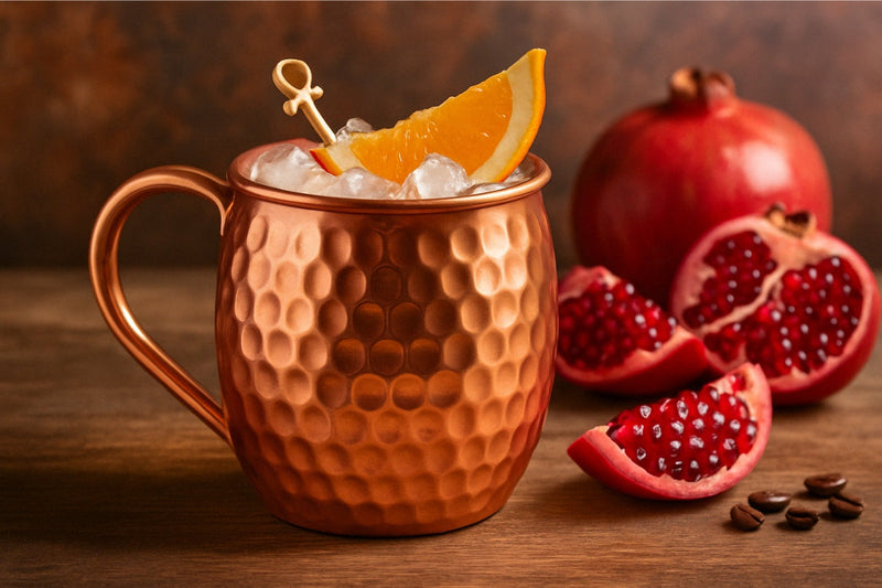 Ein erfrischender Granatapfel-Cocktail, stilvoll serviert in einem glänzenden Kupferbecher, garniert mit frischen Granatapfelkernen und einem Minzzweig – ein Genuss für die Sinne.