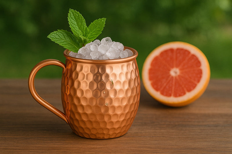 Ein erfrischender Grapefruit-Cocktail serviert in einem stilvollen Kupferbecher, garniert mit frischen Zitrusscheiben und Rosmarin – perfekt für genussvolle Momente.