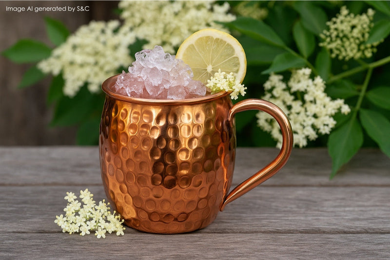 Ein erfrischender Cocktail mit Holunderblütensirup, serviert in einem eleganten Kupferbecher, garniert mit frischen Kräutern und Zitrusfrüchten – der perfekte Genuss für warme Sommerabende. 