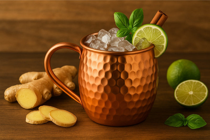 Erfrischender Ingwer-Cocktail mit Zitrone, Eiswürfeln und Minze – serviert in einem handgefertigten Kupferbecher auf einem rustikalen Holztisch im Sonnenlicht