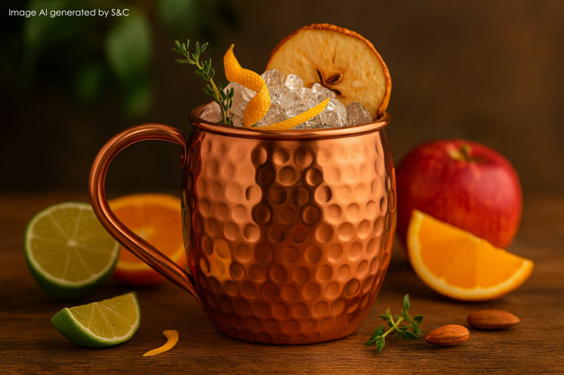 Erfrischender Jägermeister-Cocktail serviert in einem handgefertigten Kupferbecher mit Eiswürfeln, Limettenscheibe und Strohhalm – ideal für laue Sommerabende.