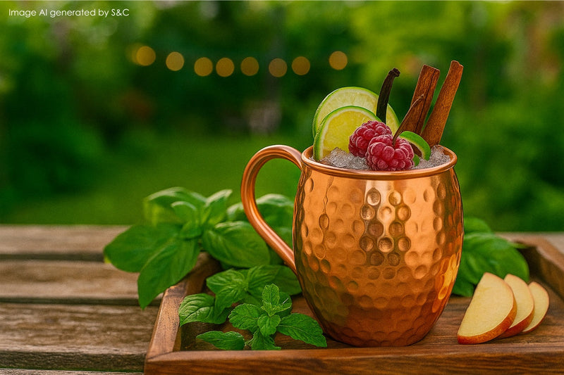 Fruchtiger Jägermeister-Cocktail mit Eiswürfeln, frischen Kräutern und Zitrusgarnitur – serviert in einem stilvollen Kupferbecher auf einem rustikalen Holztisch.