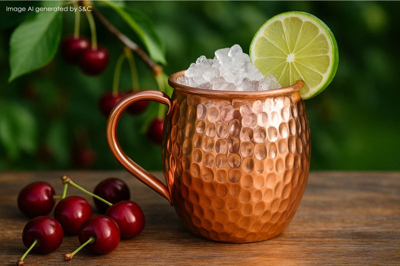 Ein verführerisch roter Kirsch-Cocktail, serviert in einem glänzenden Kupferbecher, garniert mit Beeren und Eiswürfeln – ein erfrischender Genuss für jede Gelegenheit.