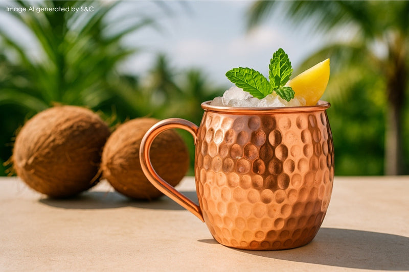 Ein erfrischender Kokosnuss-Cocktail serviert in einem edlen Kupferbecher, garniert mit frischen Früchten – der perfekte Genuss für tropische Sommerabende.