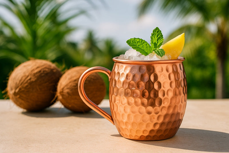 Ein erfrischender Kokosnuss-Cocktail serviert in einem edlen Kupferbecher, garniert mit frischen Früchten – der perfekte Genuss für tropische Sommerabende.