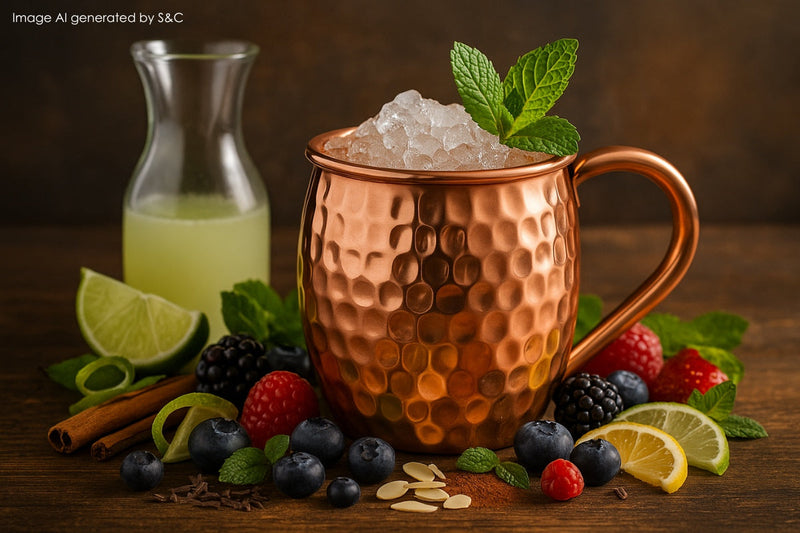 Ein mit Eis gefüllter Kupferbecher steht auf einem Holztisch, dekoriert mit Hibiskusblüte und Zitrusspirale. Daneben liegen Beeren, Minze, Ananasscheiben, Mango, Wassermelone und eine Karaffe mit Limettensaft.