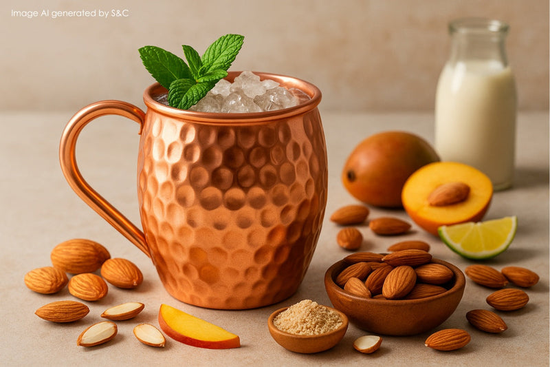 Erfrischender Cocktail mit Mandelsirup in einem glänzenden Kupferbecher, dekoriert mit frischen Früchten und einem Strohhalm – perfekt serviert für den Sommerabend.