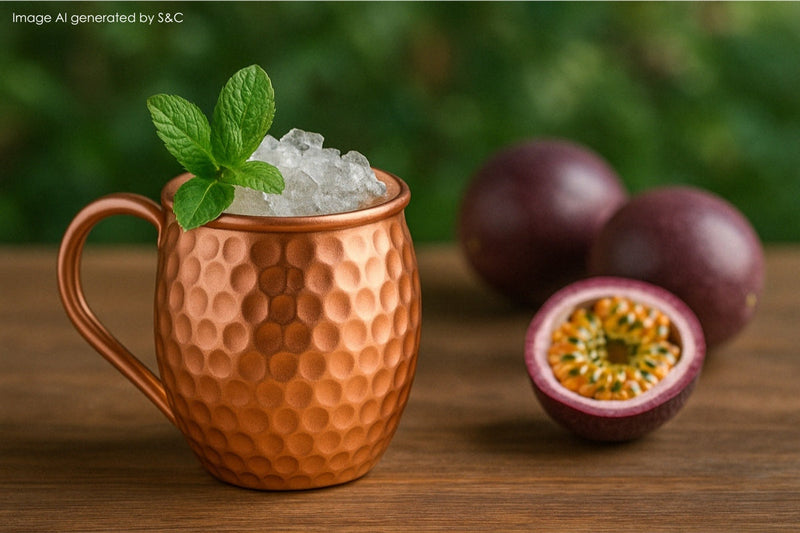  Ein erfrischender Cocktail mit Maracujasaft, serviert in einem stilvollen Kupferbecher, garniert mit frischen Fruchtscheiben und Minzblättern – perfekt für sommerliche Genussmomente. 