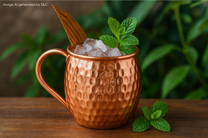 Cocktailbecher aus Kupfer mit Limetten und Minze im Hintergrund