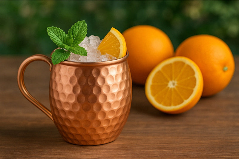 Ein erfrischender Cocktail mit Orangensaft, serviert in einem stilvollen Kupferbecher mit Eiswürfeln und einer Orangenscheibe als Garnitur – perfekt für einen geselligen Sommerabend.