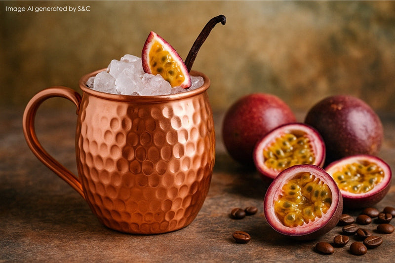 Cocktail mit Passionsfrucht in Kupferbecher mit Eis und Minze dekoriert