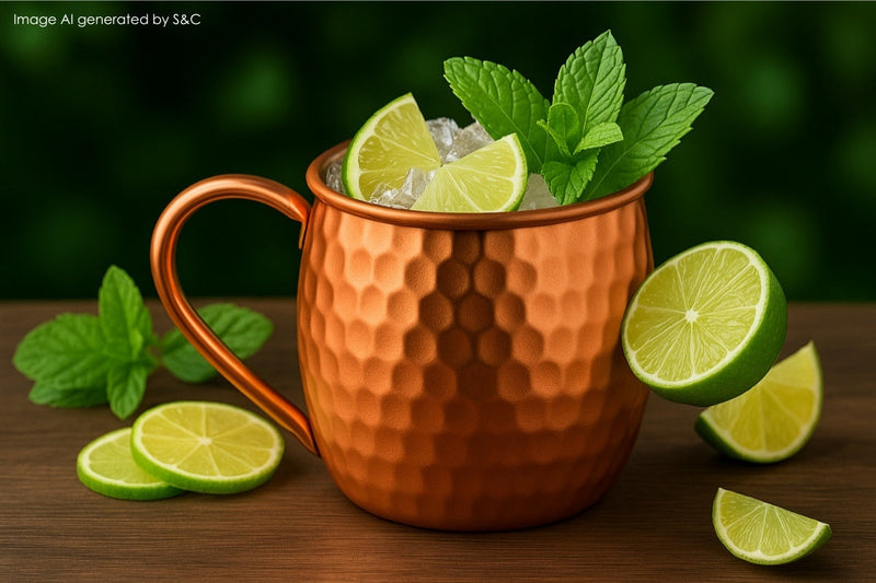 Erfrischender Sommer-Cocktail mit frischer Minze, Limettenscheiben und Eiswürfeln, stilvoll serviert in einem glänzenden Kupferbecher auf einem Holztablett im Sonnenlicht 