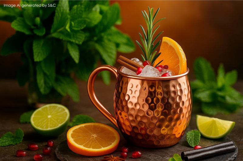 Erfrischender Sommer-Cocktail mit frischer Minze, Limettenscheiben und Eiswürfeln, stilvoll serviert in einem glänzenden Kupferbecher auf einem Holztablett im Sonnenlicht 
