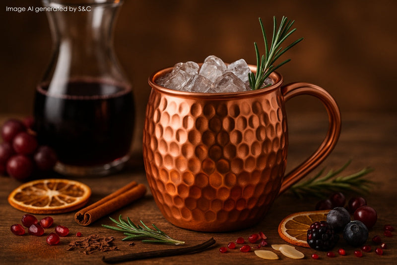 Stilvoller Cocktail im gehämmerten Kupferbecher, gefüllt mit Eis, Minze und Zitronenschnitz, umgeben von grünen Trauben, Beeren, Ingwerscheiben und einer Karaffe mit Rotwein auf Holzuntergrund vor grünem Naturhintergrund.