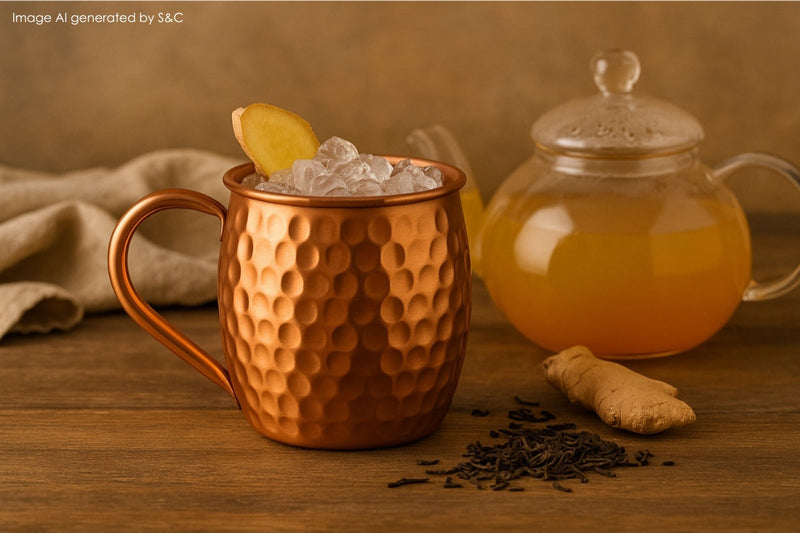 Erfrischender Teecocktail mit Orangenscheibe und frischer Minze, serviert in einem glänzenden Kupferbecher auf einem Holztisch – ideal für sommerliche Genussmomente.