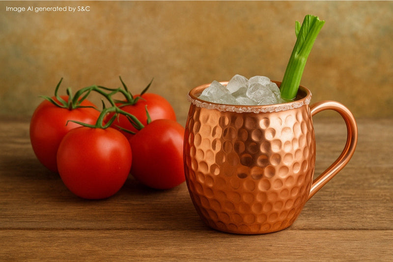 Ein stilvoll angerichteter Tomatensaft-Cocktail in einem glänzenden Kupferbecher, garniert mit frischen Kräutern und Gewürzen – perfekt für genussvolle Momente.