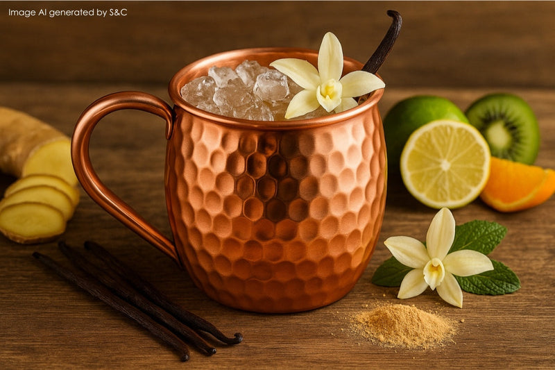 Erfrischender Cocktail mit Vanille im gehämmerten Kupferbecher, serviert auf Eis mit Vanilleblüte und Vanilleschote, umgeben von frischen Früchten und Ingwer.
