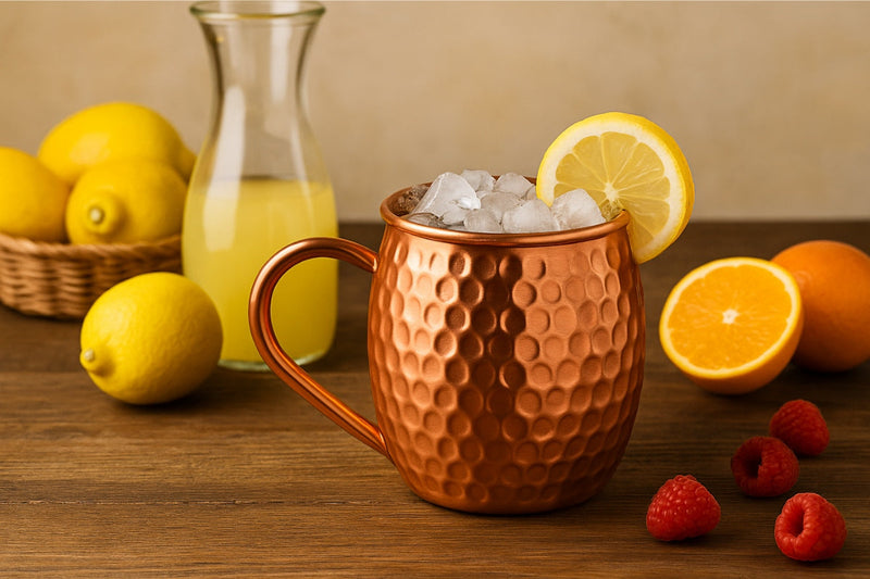 Ein erfrischender Zitronen-Cocktail in einem edlen Kupferbecher, garniert mit frischen Zitronenscheiben und Eiswürfeln – perfekt für sommerliche Genussmomente.