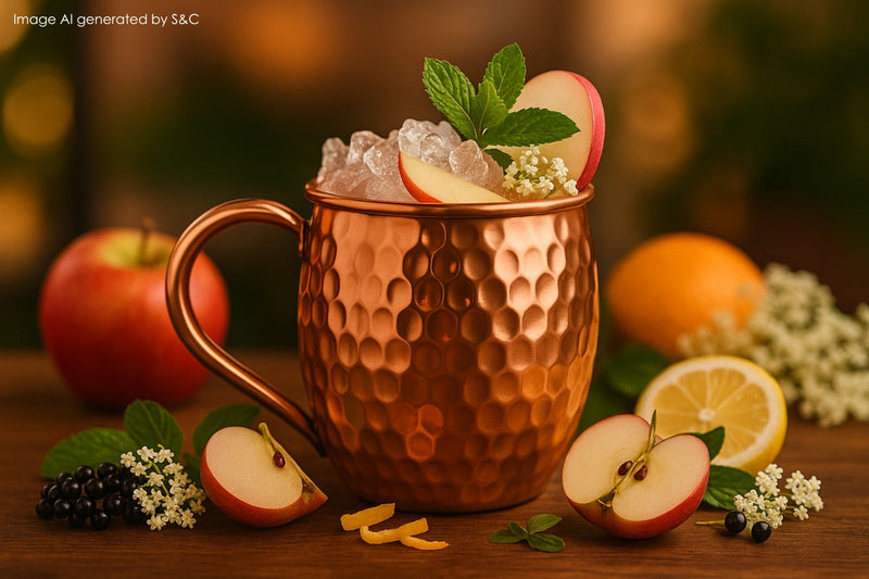 Erfrischender deutscher Cocktail mit frischen Kräutern und Zitrusfrüchten, serviert in einem stilvollen Kupferbecher mit Strohhalm – perfekt für gesellige Sommerabende.