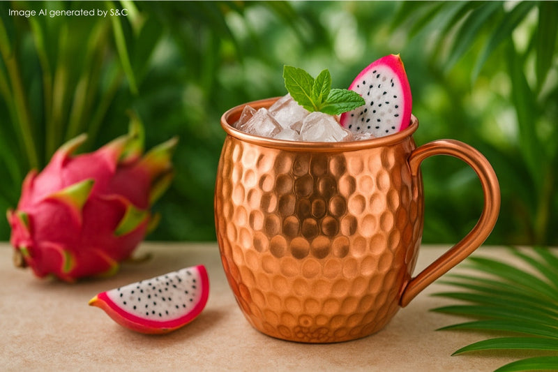 Erfrischender Ingwer-Cocktail mit Zitrone, Eiswürfeln und Minze – serviert in einem handgefertigten Kupferbecher auf einem rustikalen Holztisch im Sonnenlicht