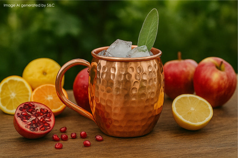 Winterlicher Gin Cocktail mit Rosmarin und Orangenzeste, stilvoll serviert in einem glänzenden Kupferbecher – perfekt für gemütliche Abende