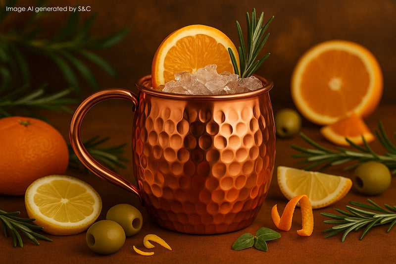 Frisch gemixter italienischer Cocktail mit Eiswürfeln, dekoriert mit Orangenscheibe in einem eleganten Kupferbecher auf einem mediterranen Holztisch