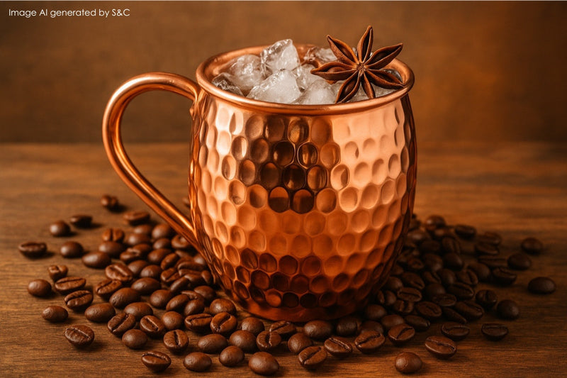 Ein erfrischender Kaffee Cocktail, serviert in einem stilvollen Kupferbecher, verziert mit einer Rosmarin – das perfekte Cocktail-Accessoire für einen eleganten Genussmoment.