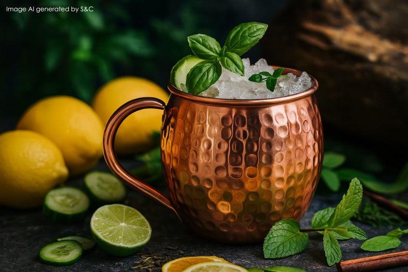 Erfrischender, kalorienarmer Cocktail mit Limette, Minze und Eiswürfeln, stilvoll serviert in einem glänzenden Kupferbecher auf einem Sommertisch
